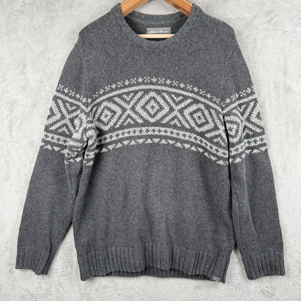 Eddie Bauer Sweater Mens L Gray Cotton Wool Ski Nordic Knit Pullover Winter - Picture 1 of 9